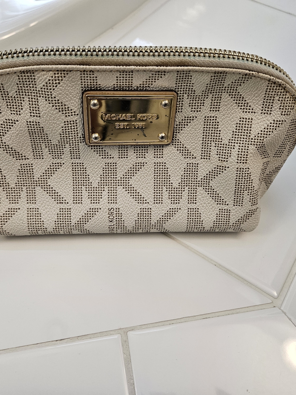 Michael Kors Beige MK Monogram Cosmetic Case with Gold Plaque